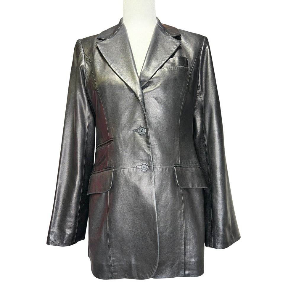 Faconnable Black Lambskin Leather Blazer Jacket Womens 3 Button French Design S